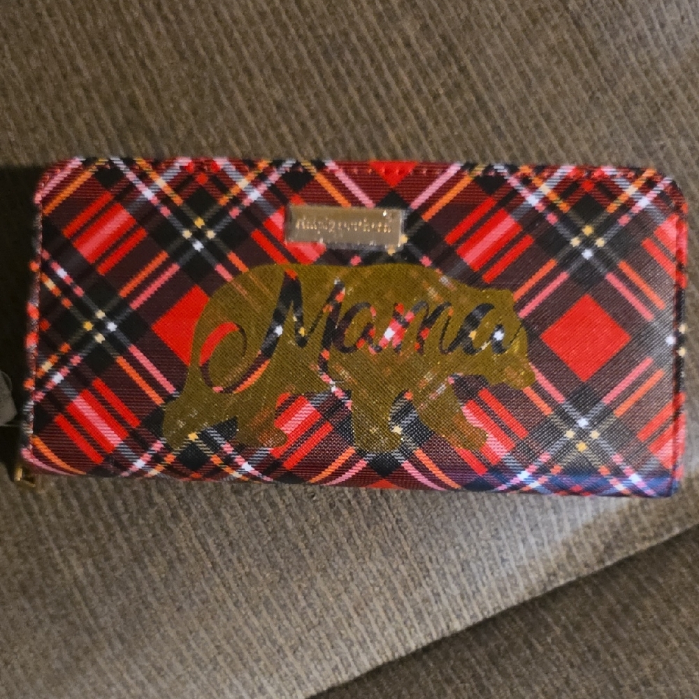 Red Plaid Wallet with Bear Design